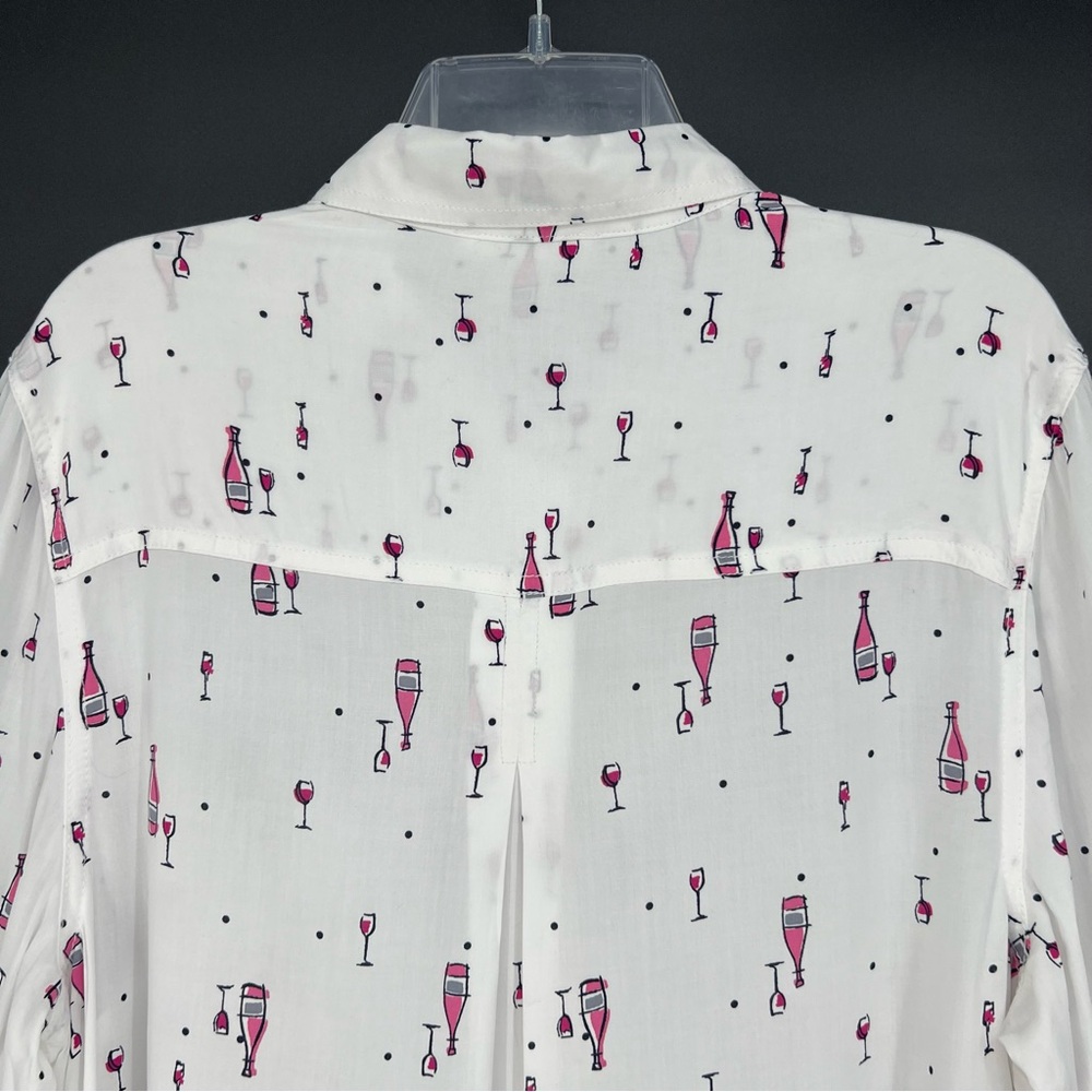 Beach Lunch Lounge Womens Top Wine Theme Print Long Roll Tab Sleeve Button Up - Picture 5 of 14